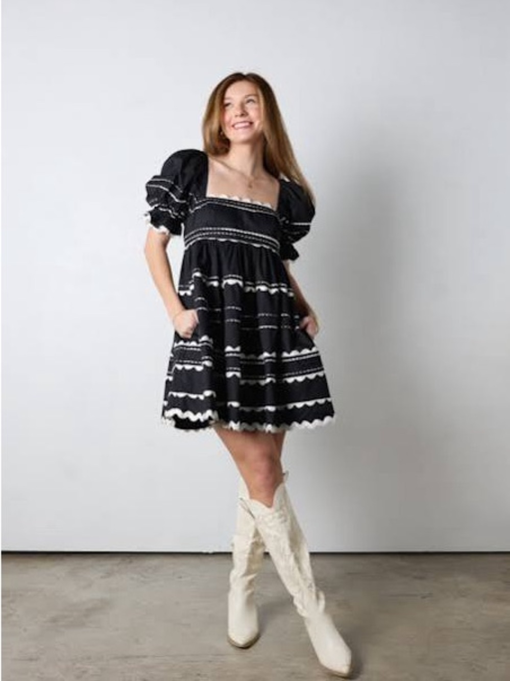 “Sophie the label” Black Puff-Sleeve ric rac Mini Dress